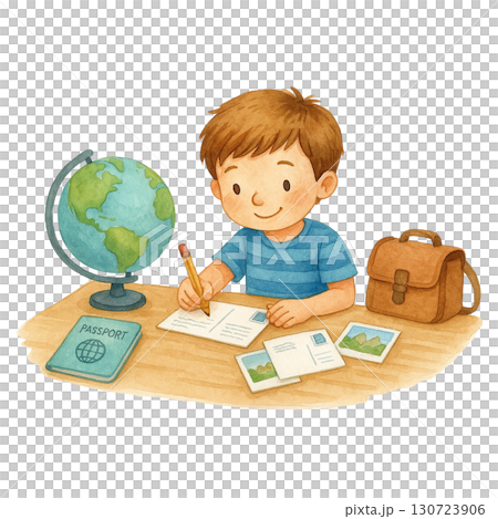 A young boy writing postcards with a globe and passport nearby. 130723906