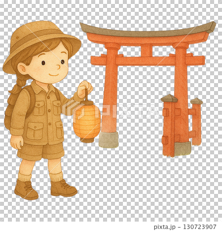 A young explorer holding a lantern near a traditional gate. 130723907