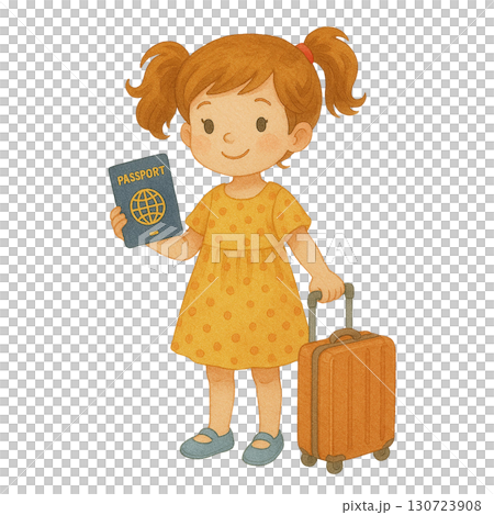 A young girl excitedly holding a passport and suitcase. 130723908
