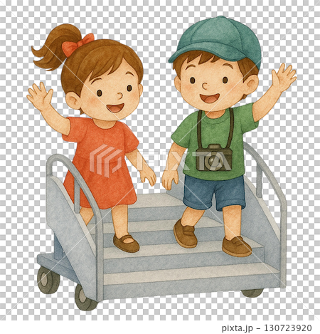 Two cheerful children waving on a playful step cart. 130723920