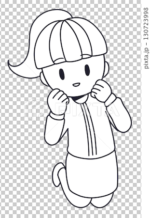 Line drawing of a jumping woman with a ponytail 130723998