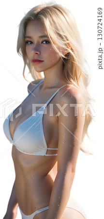 白いビキニを着た金髪女性、濡れた肌を太陽の光に輝かせながらビーチに佇む 白いビキニを着た金髪女性、濡れた肌を太陽の光に輝かせながらビーチに佇む 130724169