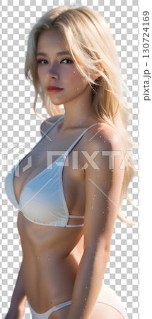 白いビキニを着た金髪女性、濡れた肌を太陽の光に輝かせながらビーチに佇む 白いビキニを着た金髪女性、濡れた肌を太陽の光に輝かせながらビーチに佇む 130724169