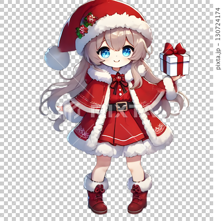A girl in a fluffy Santa costume. Long blonde hair, blue eyes, holding a present. 130724174