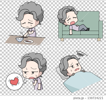 Set of four illustrations of physical symptoms of depression - elderly women 130724221