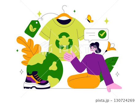 Sustainable Fashion Illustration Featuring Clothing Recycling with Green T-Shirt, Reuse, Reduce, Recycle and Eco-Friendly Concept in a Background Sustainable Fashion Illustration Featuring Clothing Recycling with Green T-Shirt, Reuse, Reduce, Recycle and Eco-Friendly Concept in a Background 130724269