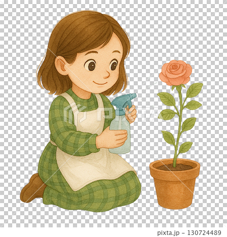 A girl watering a pink rose plant with a spray bottle. 130724489