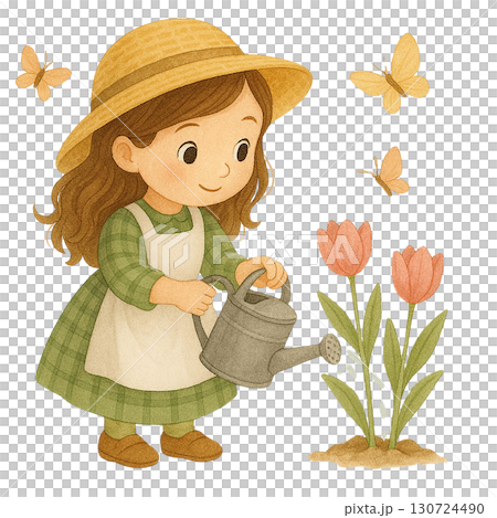 A girl watering colorful tulips in a sunny garden with butterflies. 130724490