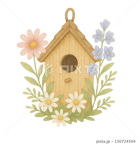 Charming birdhouse surrounded by colorful flowers in spring. 130724504
