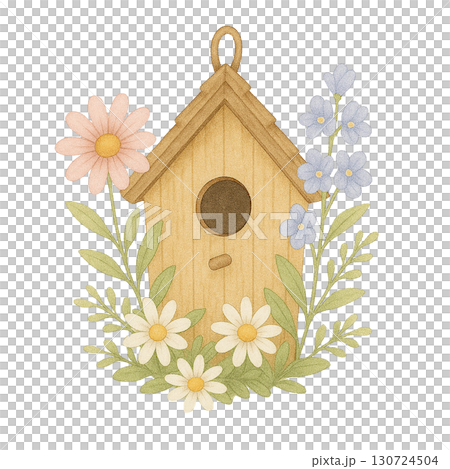 Charming birdhouse surrounded by colorful flowers in spring. 130724504