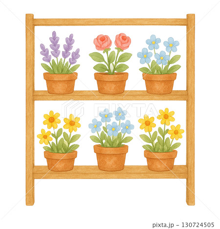 Colorful flower pots arranged neatly on a wooden shelf. 130724505