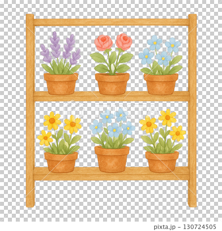 Colorful flower pots arranged neatly on a wooden shelf. 130724505