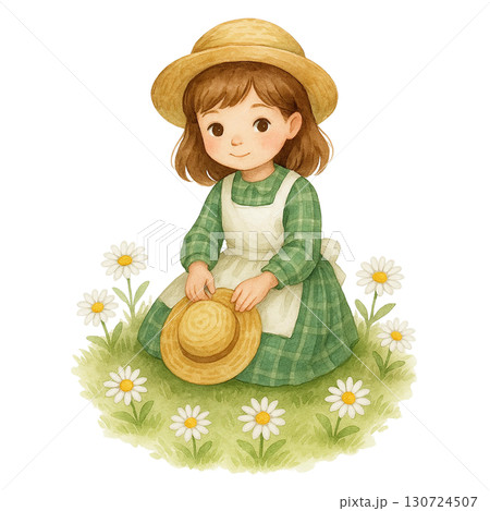 Young girl in a straw hat surrounded by flowers, smiling. 130724507