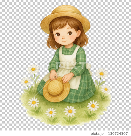 Young girl in a straw hat surrounded by flowers, smiling. 130724507