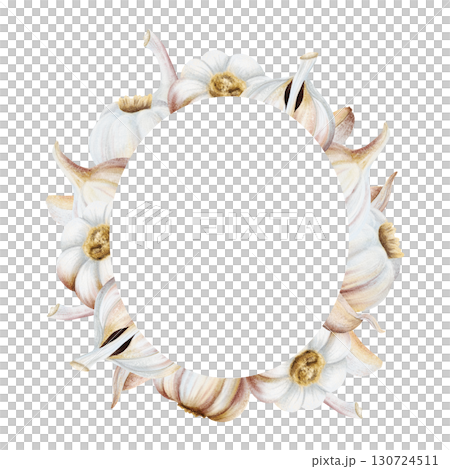 Vertical oval garlic wreath frame watercolor illustration isolated on white. Hand drawn realistic round vegetables clip art in beige colors for spice recipes and food cooking stickers and labels 130724511