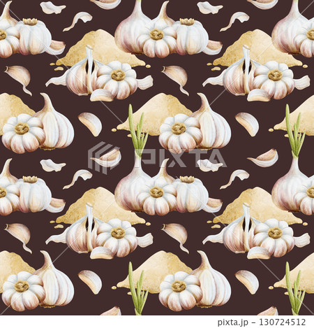 Watercolor garlic powder with raw vegetables and cloves seamless pattern on dark brown. Pile of dry spice for cooking and traditional medicine recipes. Minced seasoning for culinary designs Watercolor garlic powder with raw vegetables and cloves seamless pattern on dark brown. Pile of dry spice for cooking and traditional medicine recipes. Minced seasoning for culinary designs 130724512
