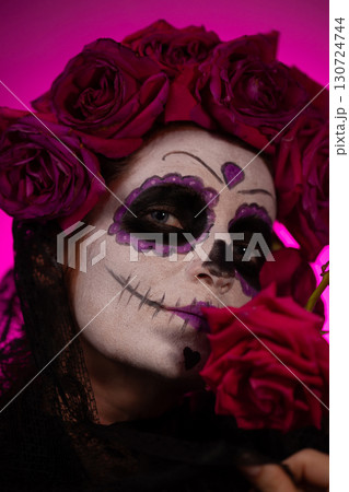 Girl With Sugar Skull Makeup for Dia De Muertos Holiday Girl With Sugar Skull Makeup for Dia De Muertos Holiday 130724744