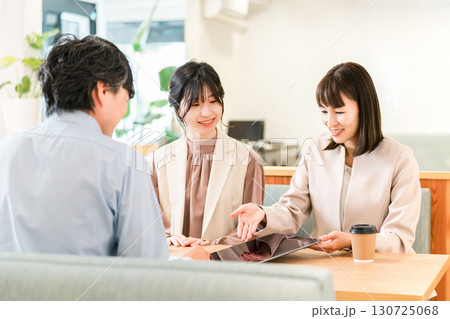 商談スペースのテーブルで商談,打ち合わせをするビジネスマンとビジネスウーマン 130725068