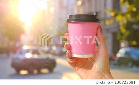 Bride and groom in the street holding hands while drinking coffee in the morning Bride and groom in the street holding hands while drinking coffee in the morning 130725081