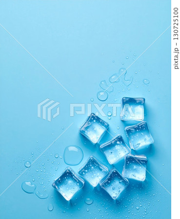Abstract ice cubes on a cool blue background with clear water drops and white frost 130725100