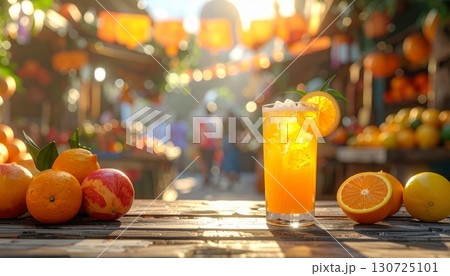 A vibrant glass of fresh orange juice with ripe citrus fruits and an apple, perfect for a healthy breakfast 130725101