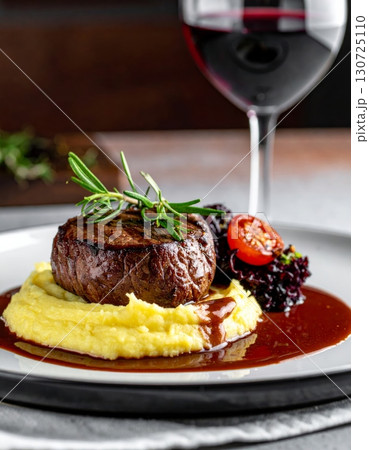 Gourmet beef steak with red wine sauce, roasted vegetables, and a side salad on a dinner plate 130725110