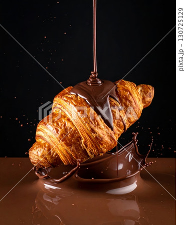Freshly baked golden croissant with chocolate melting on black background 130725129