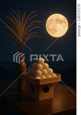 日本のお月見を象徴する伝統的な飾りと満月 130725176