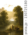 夕暮れの川辺で語らう男女と家畜のクラシカルな風景 130725180