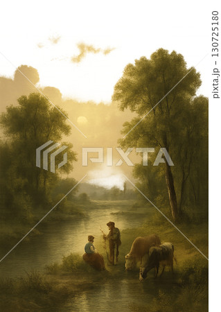 夕暮れの川辺で語らう男女と家畜のクラシカルな風景 130725180
