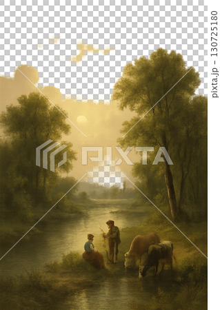 夕暮れの川辺で語らう男女と家畜のクラシカルな風景 130725180