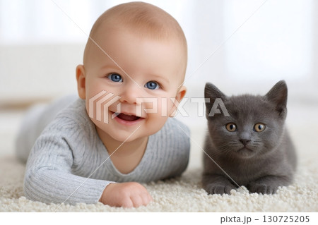 Happy baby lying with adorable gray kitten on carpet Happy baby lying with adorable gray kitten on carpet 130725205