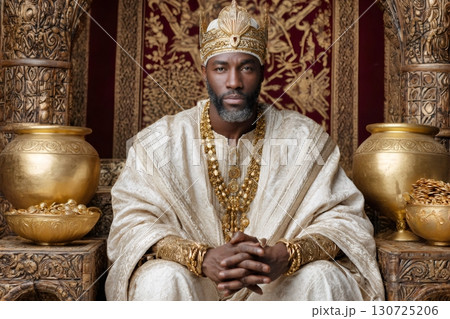 Powerful african king sitting on throne wearing gold attire and crown 130725206