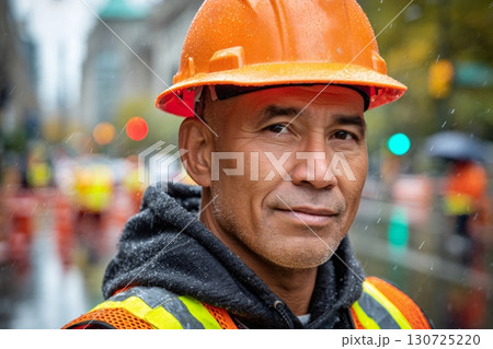 Construction worker wearing hard hat and safety vest in the rain 130725220