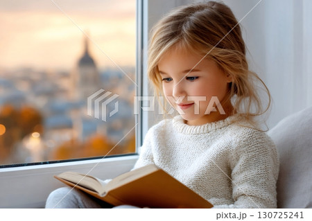 Cute little girl reading a book by the window at sunset 130725241