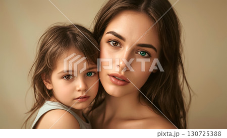 Mother holding her daughter in her arms. Both have heterochromia (two different eye colors), embracing the theme of diversity and inclusion. Showcases love, warmth, and uniqueness of each individual. 130725388