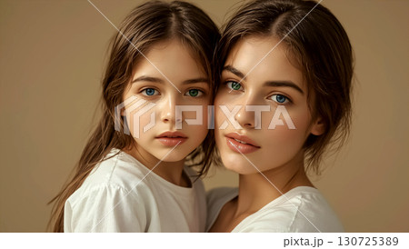 A emotional moment of a mother and daughter sharing a close bond, both having heterochromia. Their different colored eyes symbolize acceptance, love, and the uniqueness of their familial connection. 130725389
