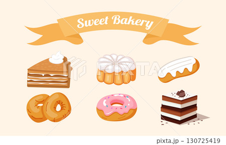 Sweet bakery desserts set with cakes donuts and eclairs 130725419