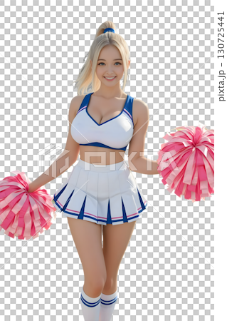 一位身穿白藍相間制服的金髮啦啦隊員笑容燦爛，手裡拿著粉紅色絨球。 130725441
