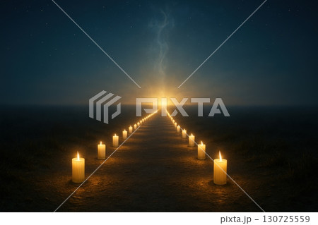 A Serene Pathway Illuminated by Candles Leading Towards a Mystical Horizon in a Nighttime 130725559