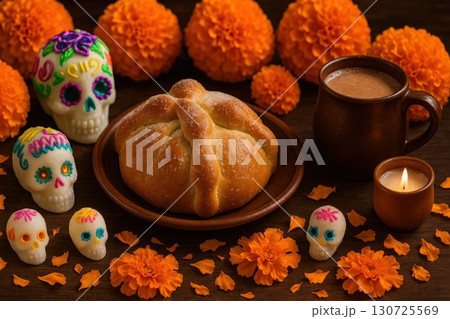 Colorful Altars and Traditions: Celebrating Day of the Dead with Pan de Muerto, Marigolds 130725569