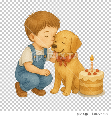 A boy lovingly celebrates his dog's birthday with a cake. 130725609