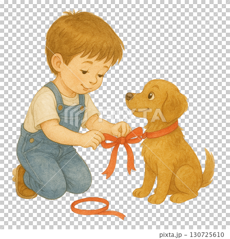 A boy ties a ribbon on a cheerful dog, showcasing friendship. 130725610