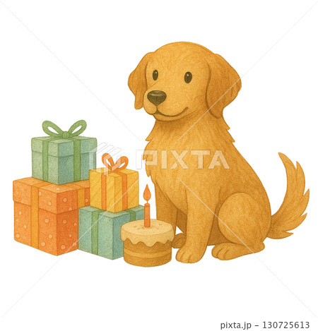 A cheerful golden dog sits next to colorful birthday gifts. A cheerful golden dog sits next to colorful birthday gifts. 130725613