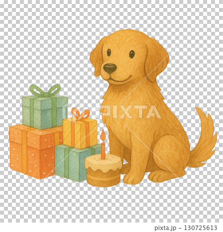 A cheerful golden dog sits next to colorful birthday gifts. A cheerful golden dog sits next to colorful birthday gifts. 130725613