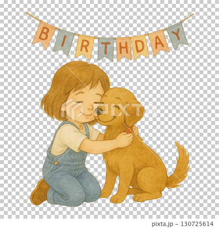 A child lovingly hugs a dog under a birthday banner. 130725614
