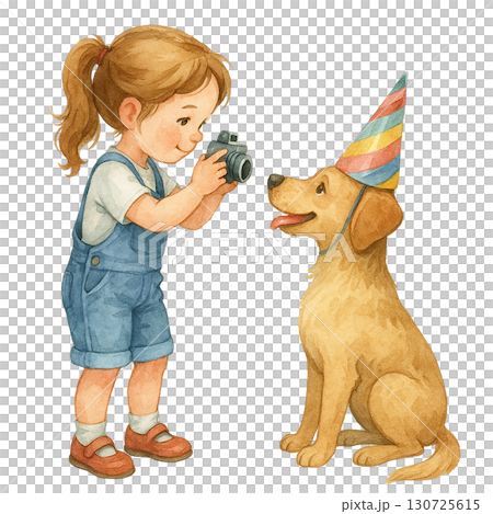 A child photographing a happy dog wearing a party hat. 130725615
