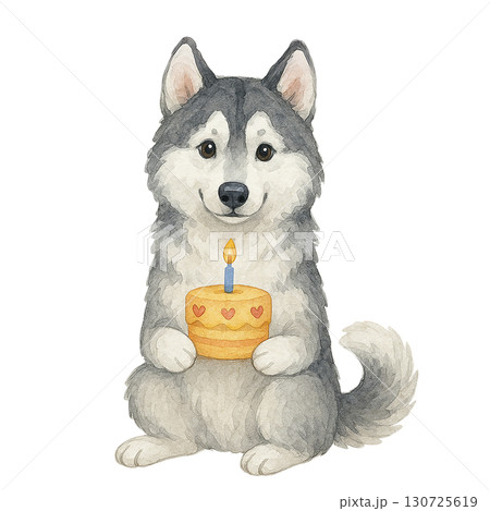 A cute husky holding a birthday cake with a candle. A cute husky holding a birthday cake with a candle. 130725619