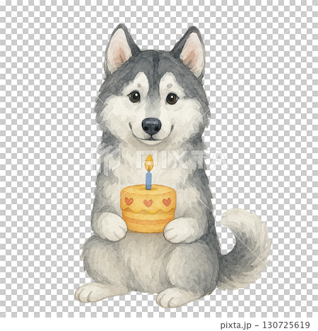 A cute husky holding a birthday cake with a candle. A cute husky holding a birthday cake with a candle. 130725619