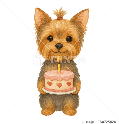 A cute Yorkshire Terrier holding a birthday cake with a candle. A cute Yorkshire Terrier holding a birthday cake with a candle. 130725620